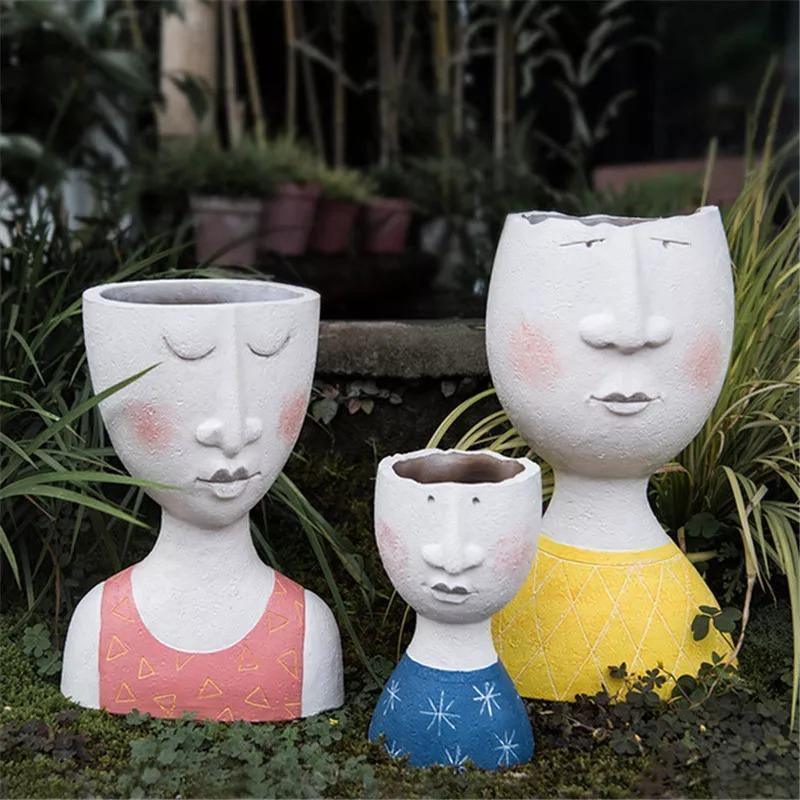 handmade Art Portrait Flower Pot Vase Sculpture, Caricature Portrait Face Figurine Sculpture Planter