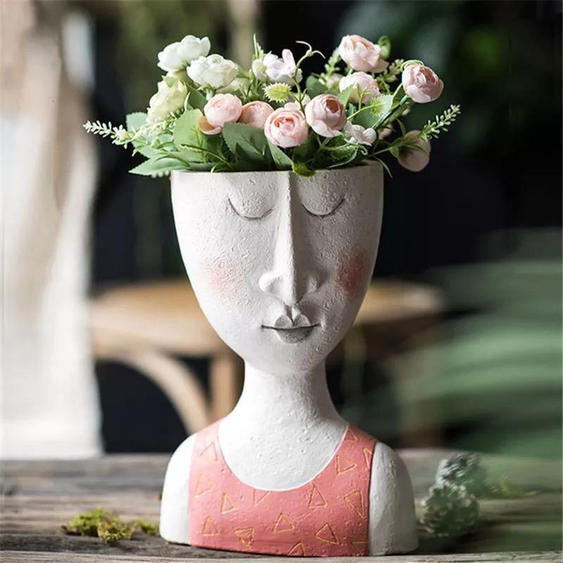 handmade Art Portrait Flower Pot Vase Sculpture, Caricature Portrait Face Figurine Sculpture Planter