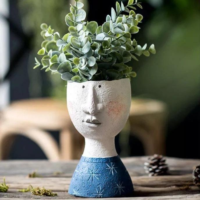 handmade Art Portrait Flower Pot Vase Sculpture, Caricature Portrait Face Figurine Sculpture Planter