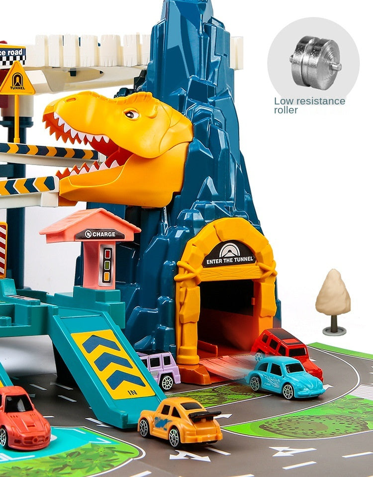 Electric Toy Dinosaur Building Parking Rail And Racing Car Track