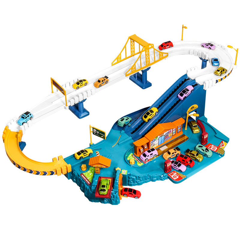 Electric Toy Dinosaur Building Parking Rail And Racing Car Track