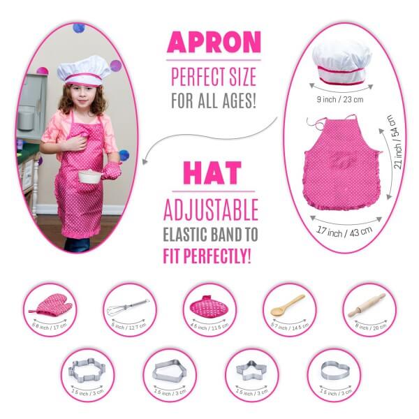 Complete Kids Cooking And Baking Set - 11 Pcs Includes Apron For , Chef Hat, Utensil &  Mitt For Toddler Dress Up Chef (Pink)