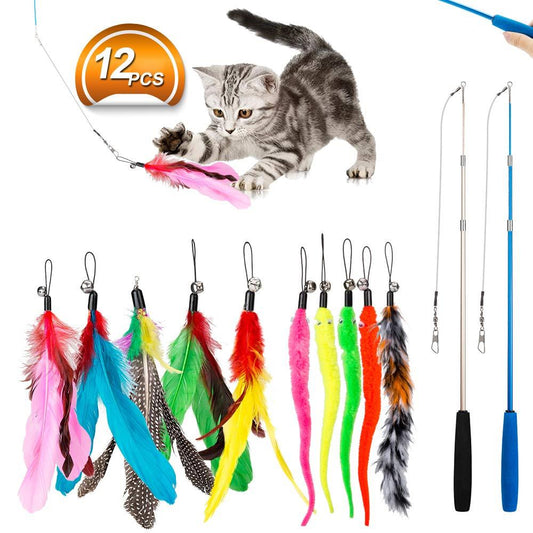 Feather Teaser Cat Toy, 2PCS Retractable Cat Wand Toys and 10PCS Replacement Teaser with Bell Refills