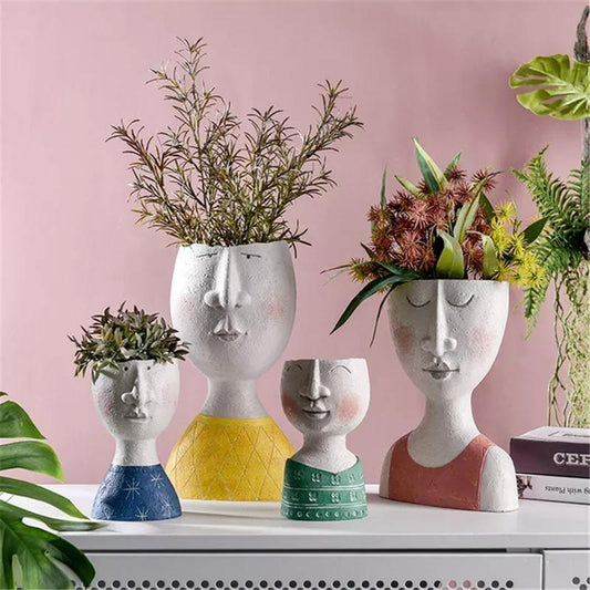 handmade Art Portrait Flower Pot Vase Sculpture, Caricature Portrait Face Figurine Sculpture Planter